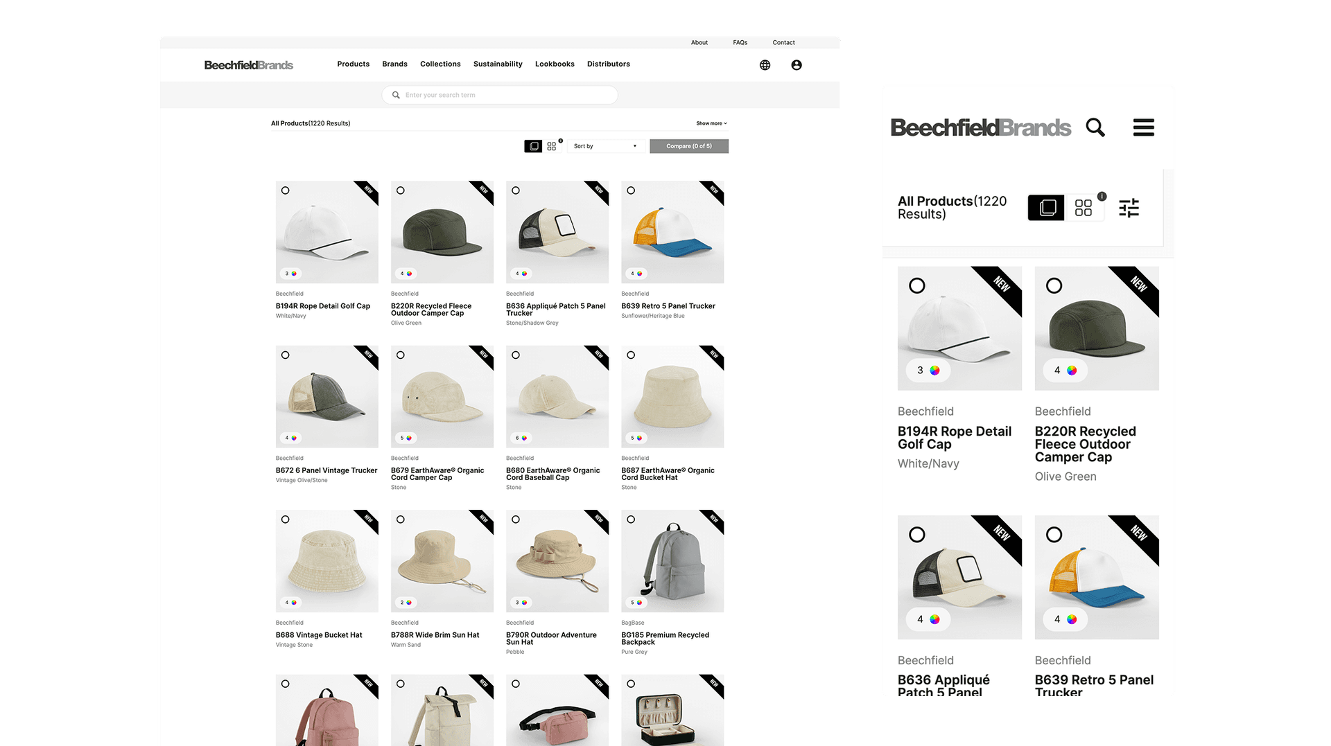 Desktop and mobile displays of the Beechfield Brands search page