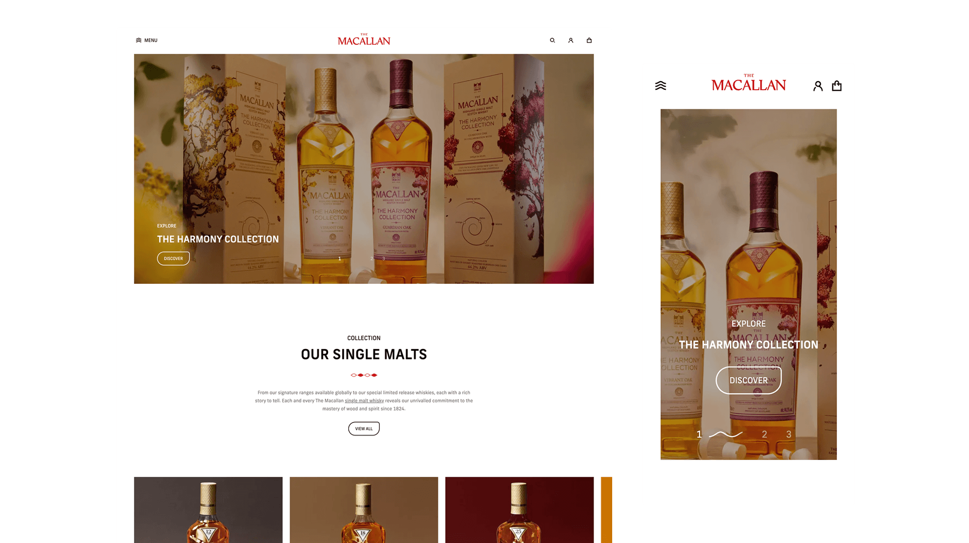 Desktop and mobile displays of The Macallan homepage