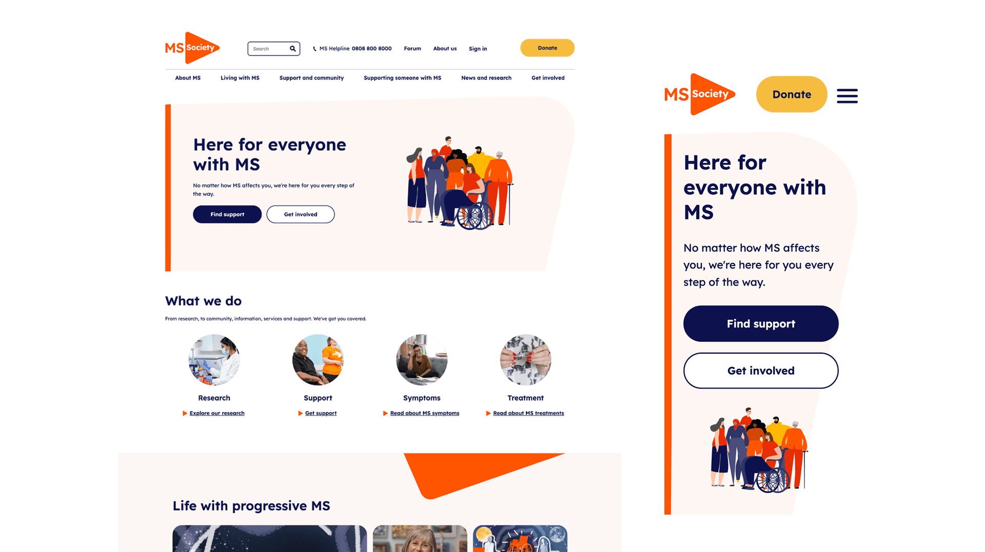 Desktop and mobile displays of the MS Society homepage