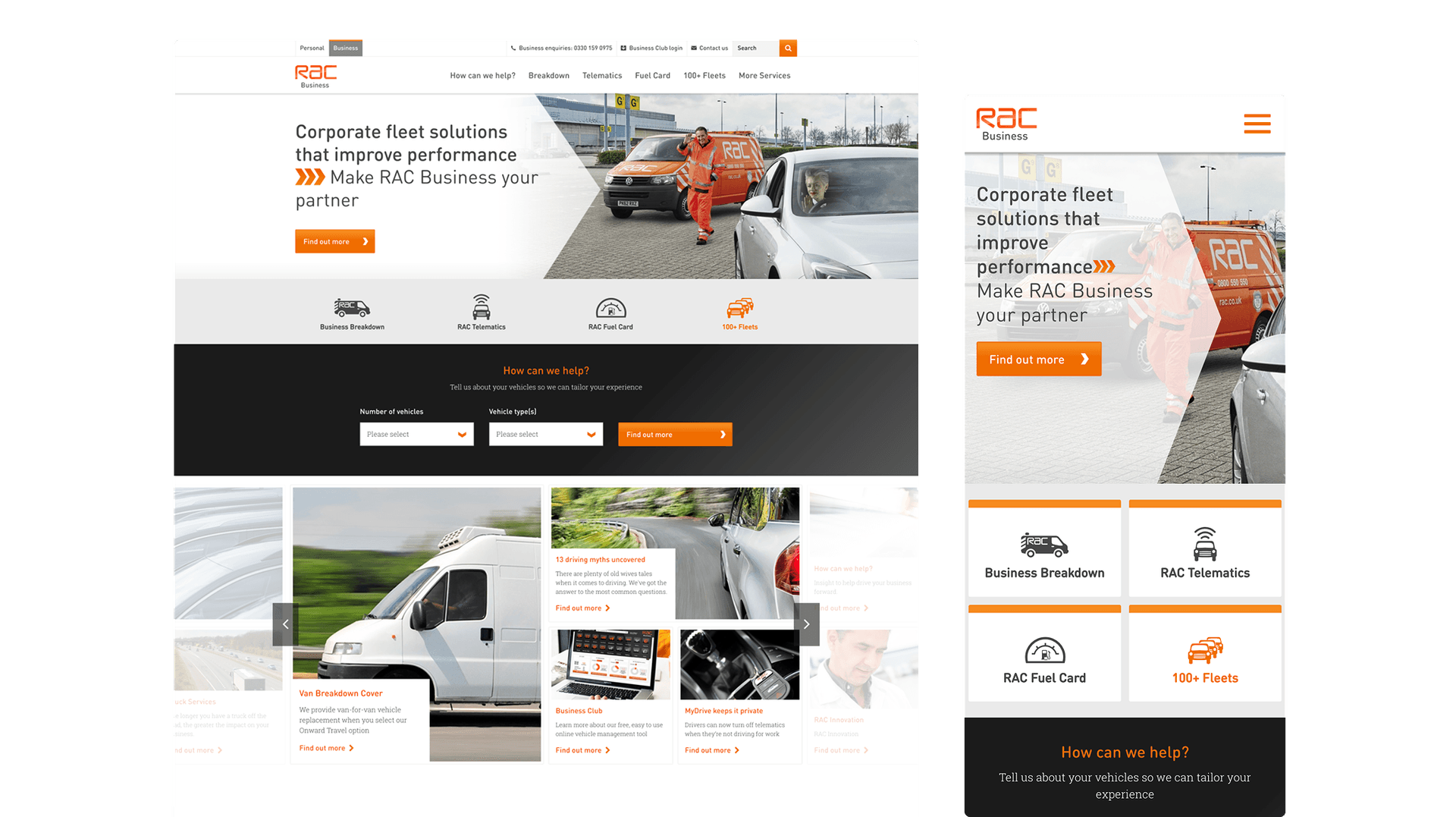 Desktop and mobile displays of the RAC Business homepage