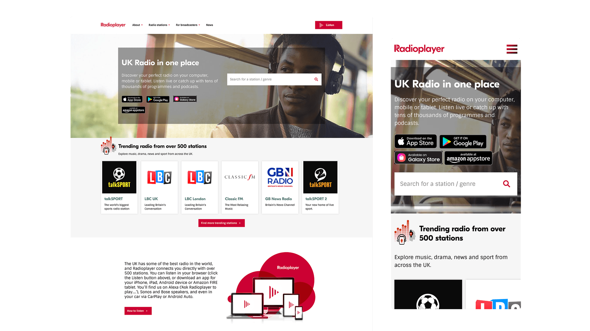 Desktop and mobile displays of the RadioPlayer UK homepage