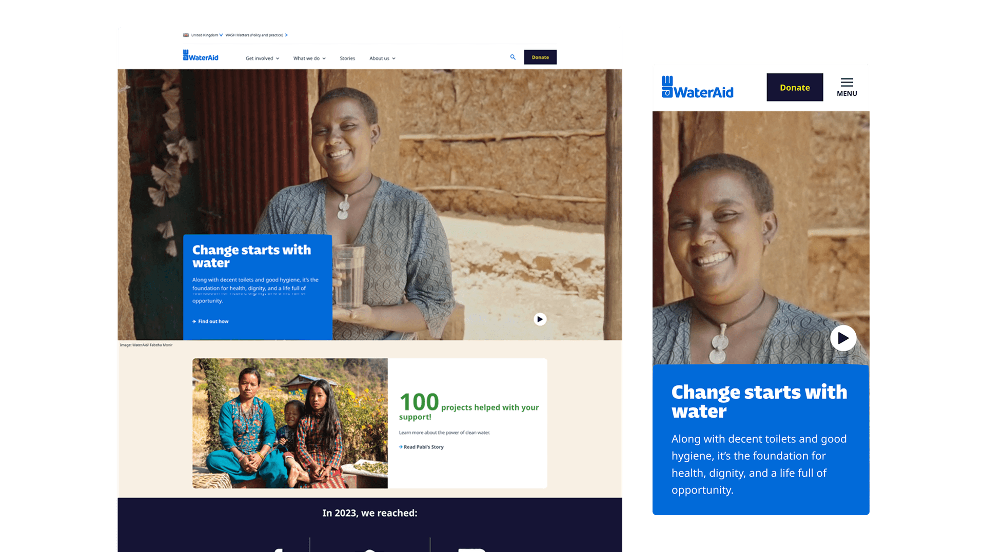Desktop and mobile displays of the WaterAid UK homepage